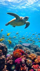  Sea Turtle Swimming Above Colorful Reef with Tropical Fish in Crystal Clear Water, 2050