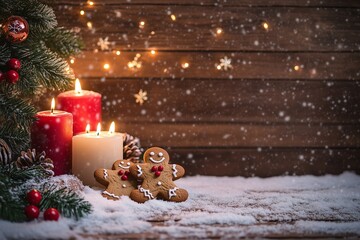  Cozy Christmas Scene with Candles, Gingerbread Cookies, Pine Tree, and Snowy Wooden Background