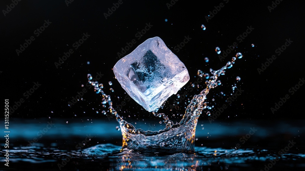 Poster ice cube splashing into water, dark background.