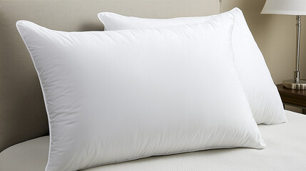 Pair of matching white pillows symmetrically arranged on a bed