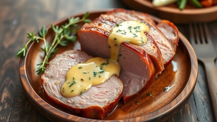  Sliced Gammon Steak on a Wooden Plate with a Classic Herb Butter Sauce