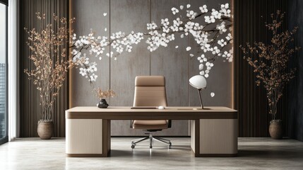 Modern office, cherry blossom wall, desk, calm (4)