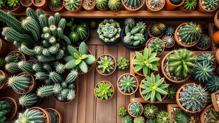  Top View of Cacti and Succulent Collection in Rustic Garden Store with Wooden Shelving © BOXS