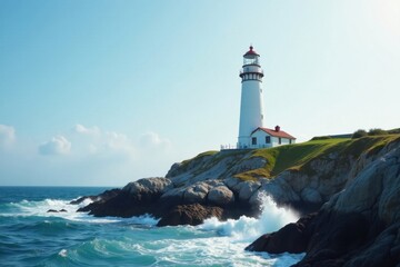 Tall white lighthouse on rocky coast, waves crashing, tower, pacific