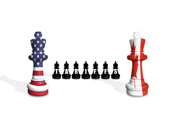 Chess made from US and Canada flags on a white background 