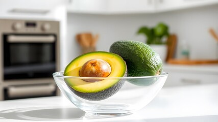  Ripe Avocado with Pit in a Modern Glass Bowl, Resting on a Bright Kitchen Countertop