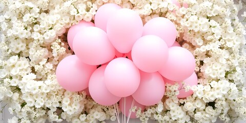  Cluster of Soft Pink Balloons Surrounded by White Flowers for a Garden Party