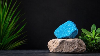 Blue stone on rock with plants.