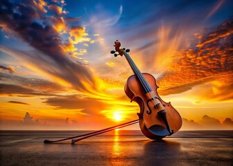 Silhouette of Violin and Bow at Sunset - Musical Instrument Stock Photo
