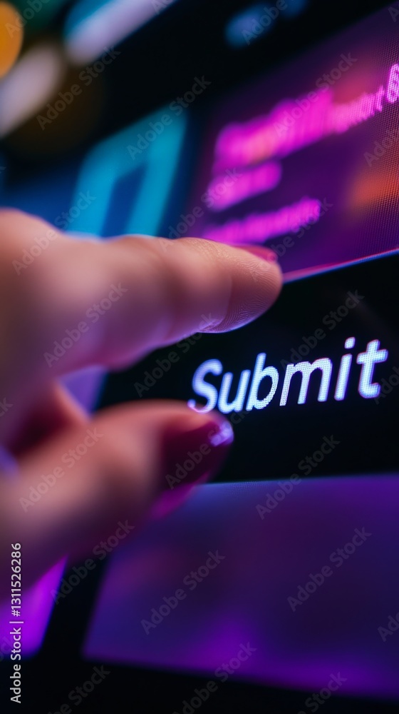 Aufkleber finger pressing submit button on screen with vibrant neon colors and blurred background