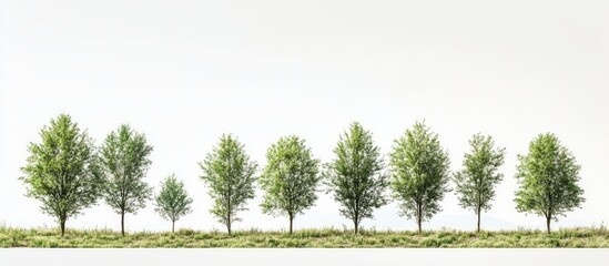 High definition treeline featuring seven lush green trees with varied heights, arranged horizontally on a soft white background with subtle shadows