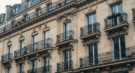 A classic parisian building facade with elegant balconies, ornate windows, and intricate architectural details that capture the charm of french architecture