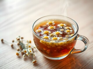  Close Up of a Steaming Cup of Herbal Tea with Fresh Chamomile Flowers