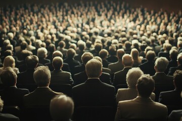 Obraz premium Engaging corporate seminar in progress, showcasing a large audience captivated by the speaker's presentation.