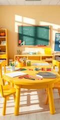  Bright Yellow Kindergarten Table with Art Supplies and Chalkboard Ready for Learning