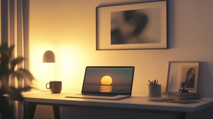 Sunset laptop screen, home office desk, evening