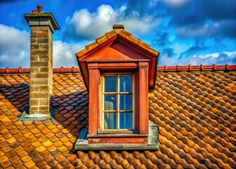 Obraz premium Stunning rooftop scenery: high-resolution details of a historic building's aged roof, windows, and chimneys.