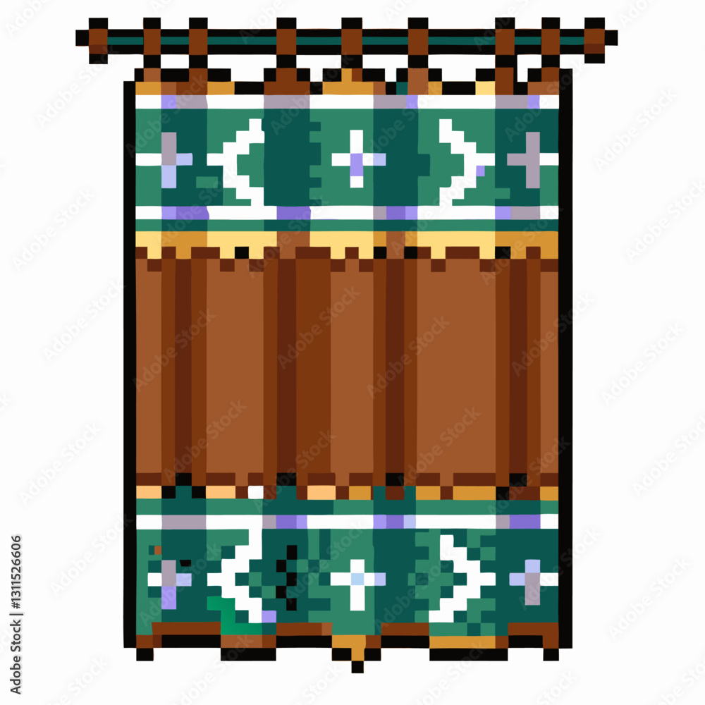 Poster retro pixel art window curtain with geometric patterns in vintage style