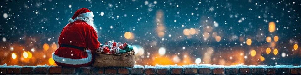 Fototapeta premium Santa Claus Resting on a Snowy Chimney with a Sack Full of Presents, Gazing at City Lights