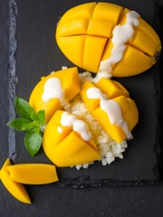  Mango Sticky Rice with Ripe Mangoes and a Touch of Coconut Milk on a Dark Slate Plate