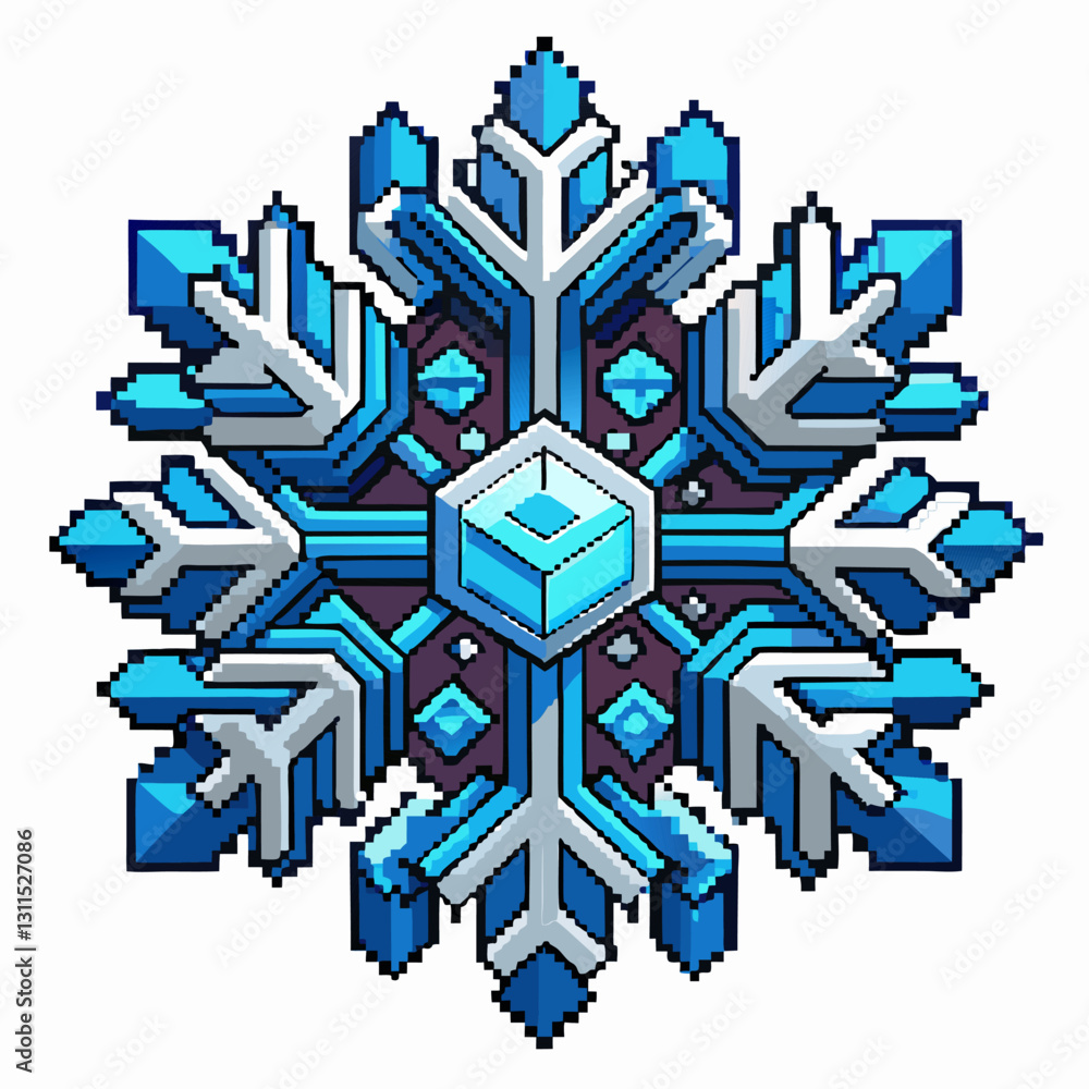 Poster retro pixel art snowflake design with geometric symmetry and winter colors