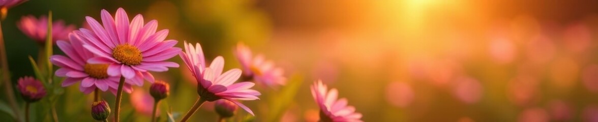 Obraz premium Lush pink daisies bathed in the golden light of summer sunset , golden hour, daisies