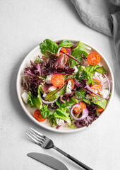 Vegetable salad (Greek salad) with cherry tomatoes, feta cheese, lettuce, olives and red onion in a plate