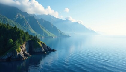 Misty mountain range descends to the sea, serene coastal scene , ocean, sea