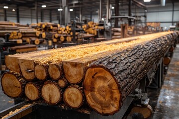 Heavy Machinery in a Large Sawmill for Efficient Timber Cutting
