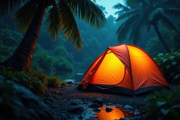 Rain-soaked tent under lush canopy, soft tropical night, wildlife, solitude, darkness