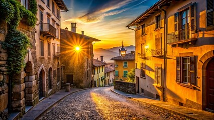 Fototapeta premium Silhouette Photography: Historic Streets of Upper Bergamo, Italy - Romantic Evening Cityscape