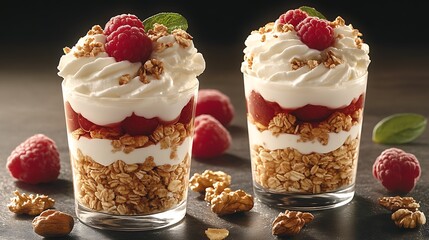 Layered Raspberry Dessert with Yogurt Granola and Walnuts