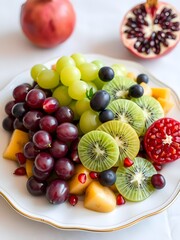  Elegant Fruit Arrangement with Grapes, Kiwi, and Pomegranate on Porcelain Plate