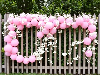  Pink Balloon Garland Wrapped Around a Fence with Delicate White Flowers