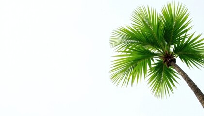Single palm tree, lush fronds, white background, leaves, white background