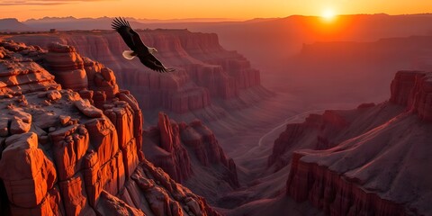  Eagle Flying Above a Rocky Canyon with the Sun Setting Behind the Peaks