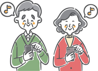 スマホを操作してご機嫌なシニア夫婦　上半身　ベクター
