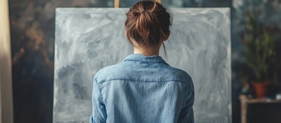 Brunette woman in blue shirt painting large grey canvas at home with soft lighting and green plant in background viewed from behind.