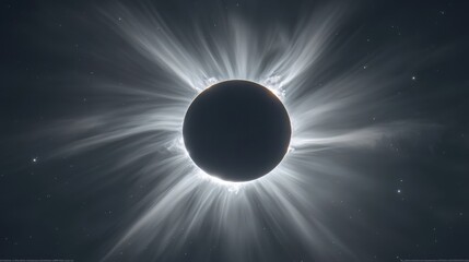 Obraz premium Dramatic captivating illustration of solar eclipse, featuring Moon covering the Sun and creating a stunning corona of light. The scene of totality with deep blacks, intense glow, and subtle shading