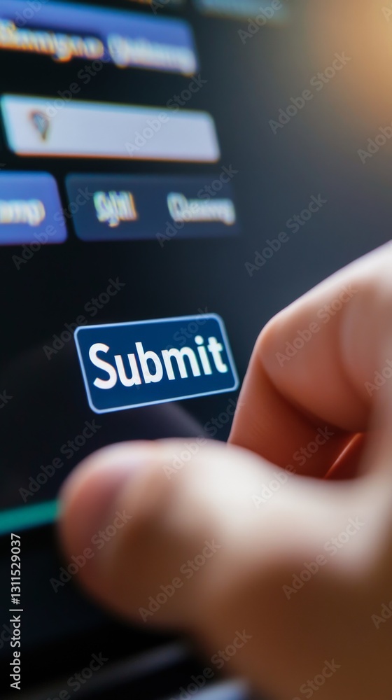 Fototapete hand pressing submit button on digital form with blurred background elements