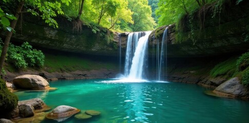Fototapeta premium Crystal clear waterfall cascading into vibrant green pool, flow, untouched, peaceful