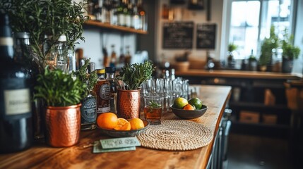 Charming home cocktail bar with focus on mocktails, featuring compact bar setup with artisanal syrups, fresh citrus, herb garnishes copper mugs, vintage glassware, selection of mocktail recipe cards