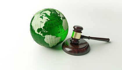 Green Globe and Wooden Gavel on White Background