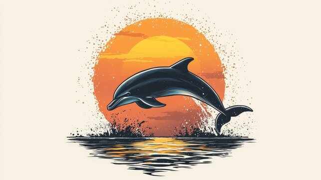 A vibrant scene captures a graceful dolphin leaping from crystal-clear waters under a radiant orange-yellow sunset, exuding dynamism and serenity