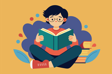 A child sits cross-legged on the floor with a book, immersed in reading against a vibrant backdrop, read a book