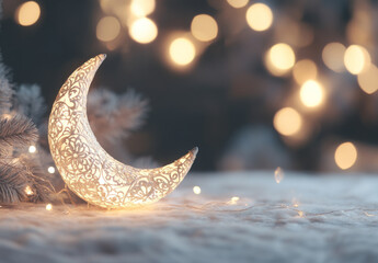 Eid Crescent moon lamp illuminated at night, blurred lights in background