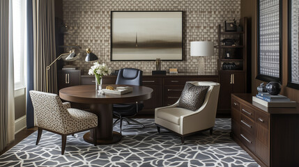 Inviting home office with geometric accents and stylish, comfortable furniture for focus and peace-3