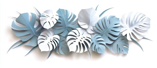 Blue and white paper cut tropical leaves arranged horizontally on a white background, creating a layered botanical composition for decor.