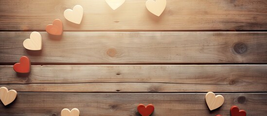 Wooden table background featuring a blank instant photo positioned at the top right, surrounded by red and beige love hearts for copy space.