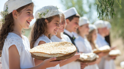 Passover celebration with three smiling children enjoying matzah